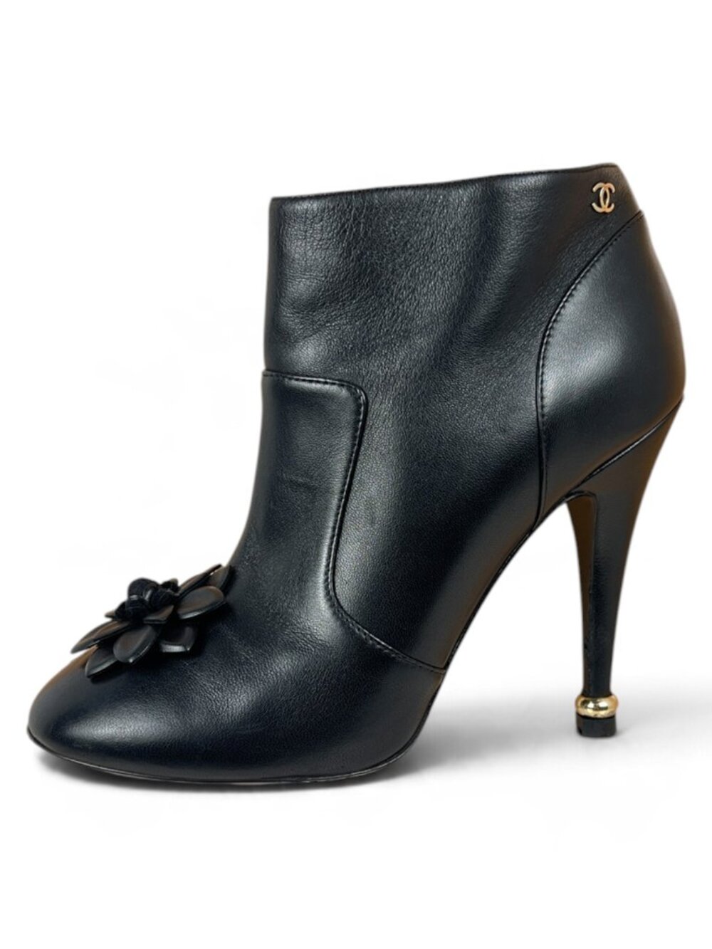 Chanel 15A Camellia Black Lambskin Leather CC Ankle Boots 35.5 Karl Lagerfeld
